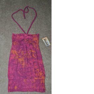 Womens Halter Tunic Mudd Pink Small Braided Straps Tie Dye Banded Hem Stretch
